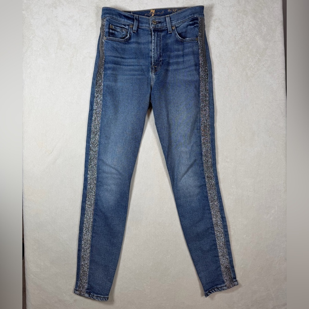 7 For All Mankind Seven Size 27 The High Waist Ankle Skinny Glitter Ribbon Jeans